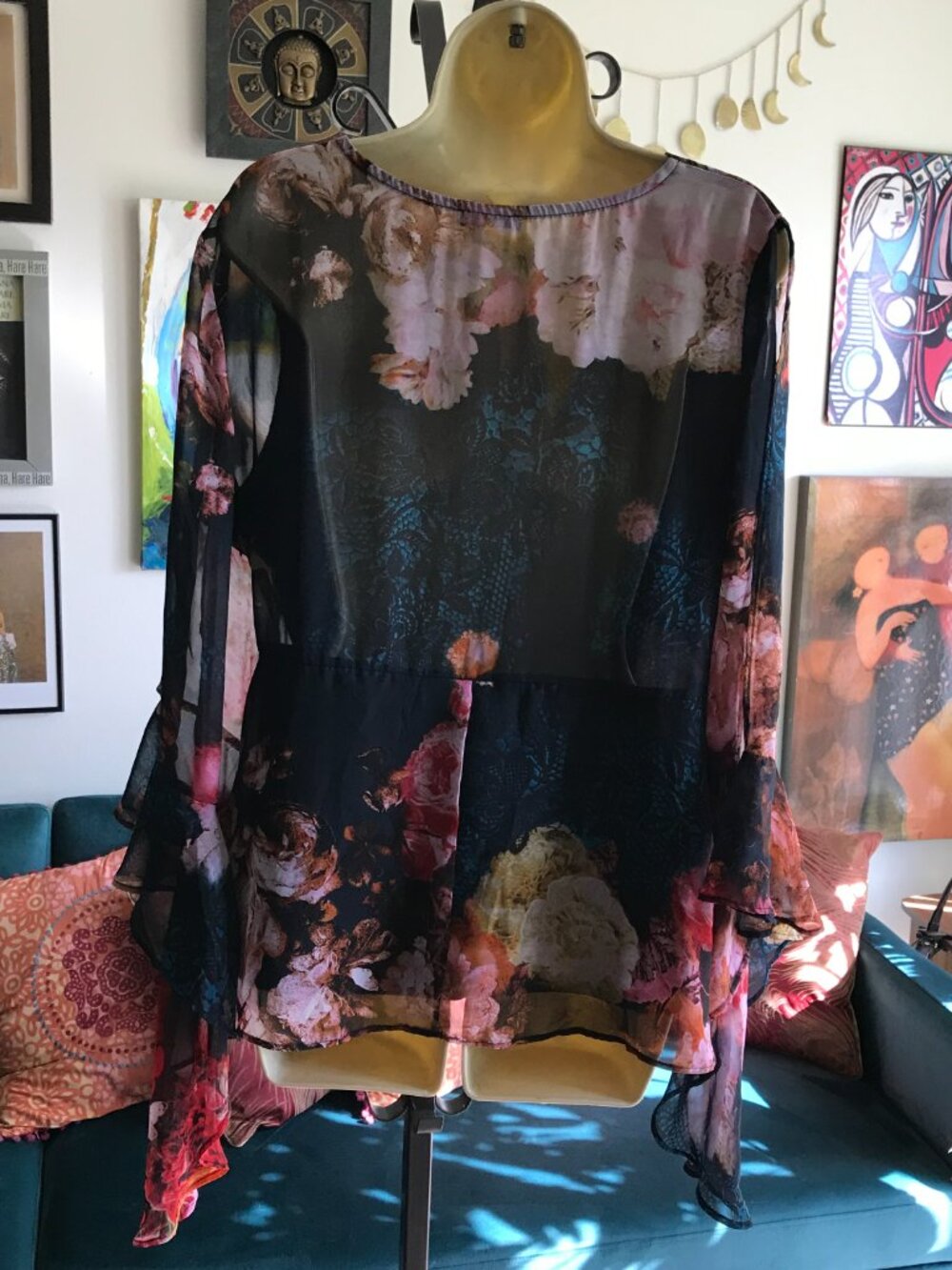 VENUS size 18 Multicolor Floral Chiffon Cold Shoulder Bell Sleeve Blouse Top - Picture 4 of 5